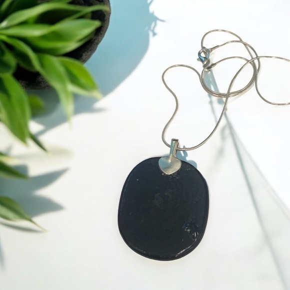 Artisan Handcrafted Black & White Fused glass pendant w dichroic purple glitter - Picture 3 of 9